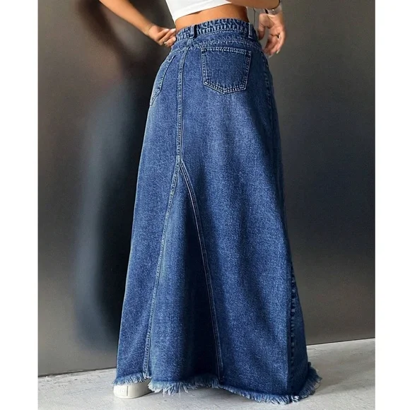 Boho medium wash Raw hem Jean Denim Pockets Maxi Skirt - Picture 3 of 5